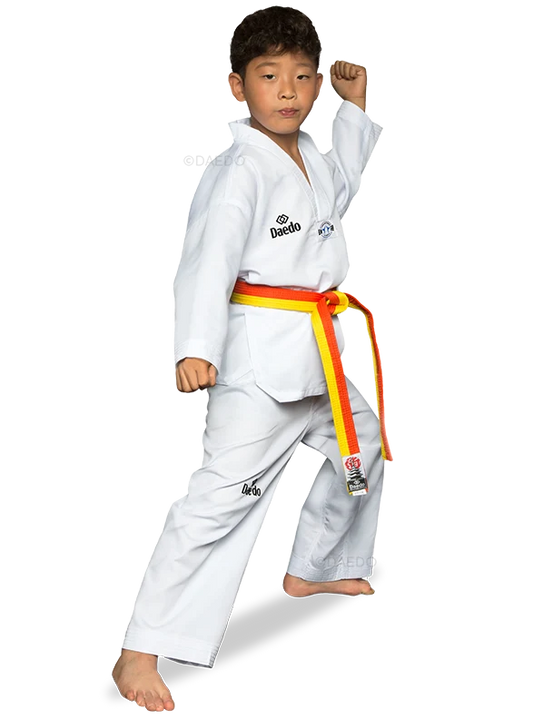 TA1011 Dobok WT witte kraag met letters Taekwondo op de rug